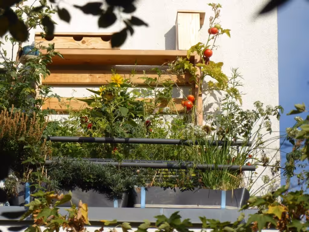 Vertical gardening with vertical beds from HerbiosGarden - a view of the balcony from the street looking upwards. It enables year-round self-sufficiency with herbs, fruit and vegetables in organic quality.