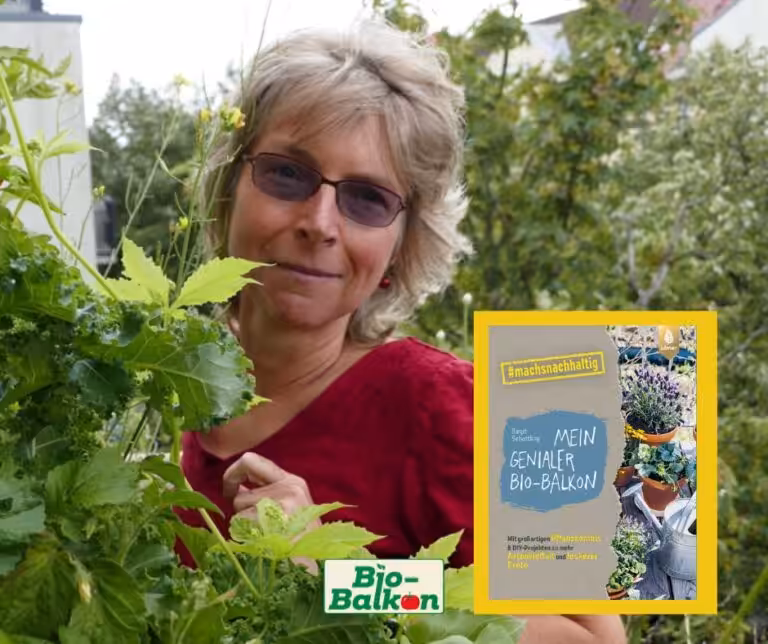 Balcony ambassador Birgit Schattling presents her new book: Mein genialer Bio-Balkon: Mit großartigartigen Pflanzenkombination & DIY-Projekten zu mehr Artenvielfalt und leckerer Ernte. 1TP5Make it sustainable