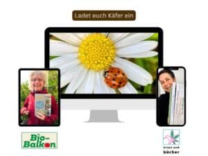 Mockup zur Artensprechstunde der Geoökologin und Autorin Sigrid Tinz auf dem Bio-Balkon von Birgit Schattling : "Ladet euch Käfer ein"