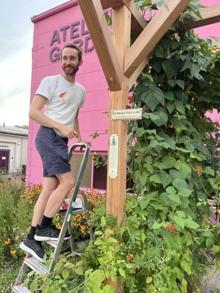 Maxwell erntet Kletterbohnen in der Klimaterrasse der Balkonschule Berlin